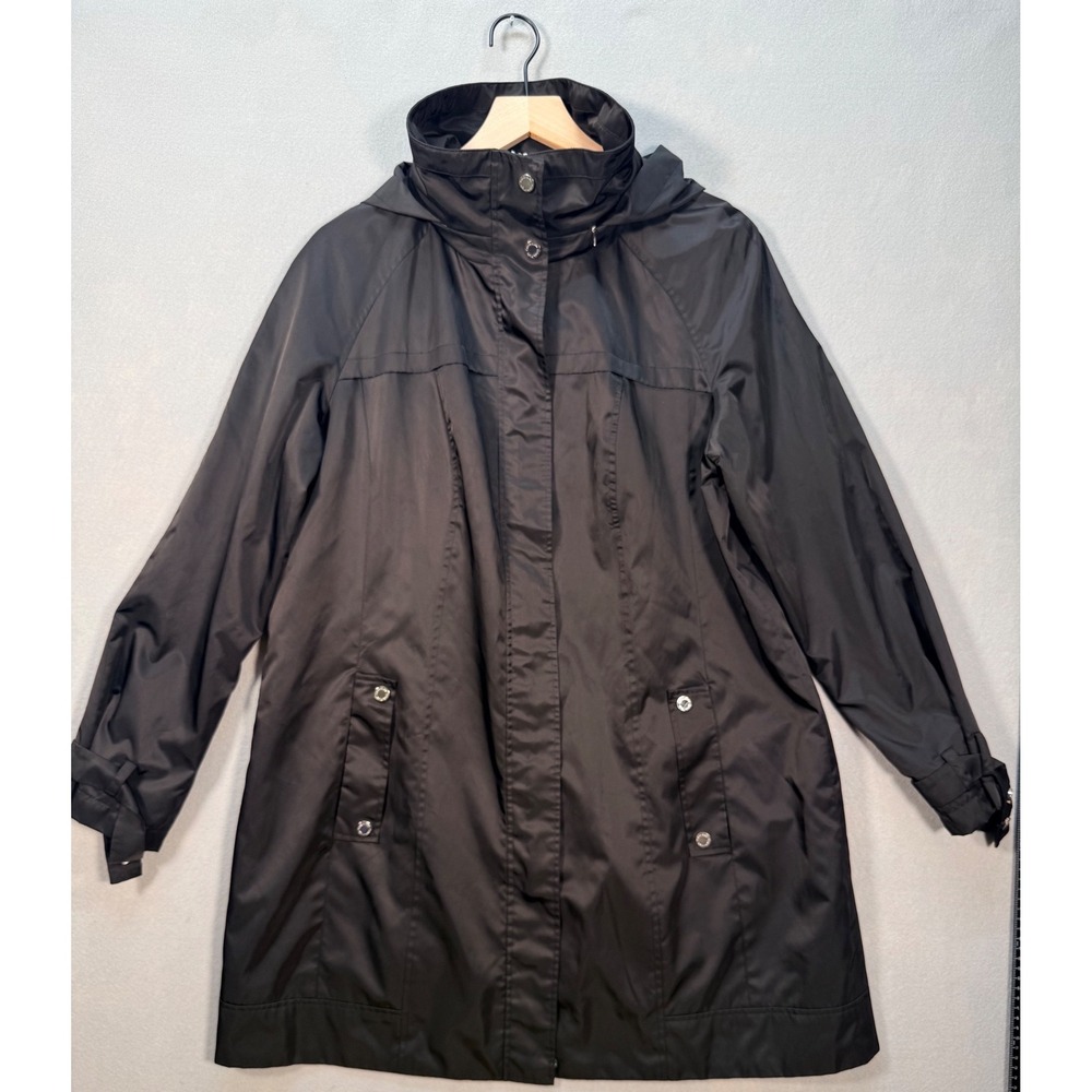 Calvin Klein Womens Black Hooded Raincoat Mid Length Zip Front Jacket